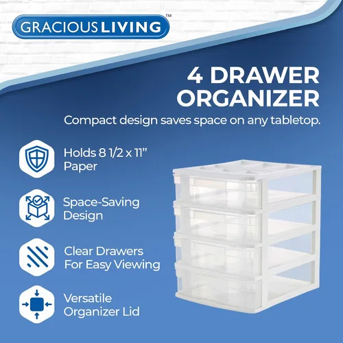 Vista 4 de Gracious Living Organizador de Cajones, Cajones de Almacenamiento de Escritorio de Plástico de 4 Niveles, Marco Blanco - Contenedores de Escritorio