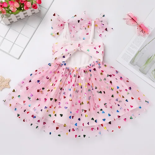 Vista 2 de Vestido de tul para niña pequeña con lentejuelas de lunares y mangas de malla con volantes, vestido de fiesta de cumpleaños para invitada de boda