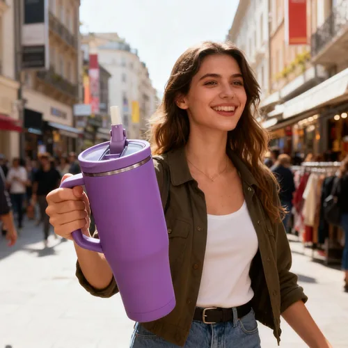 Vista 2 de Botella de agua de 40 onzas con asa, color morado, sexta generación, soporte para tazas compatible para viajes, vaso resistente a fugas
