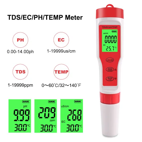 Vista 2 de Medidor de PH 4 en 1 Gomass 0.01 Probador de pH de alta precisión digital para agua TDS/EC/Temp/PH Pen
