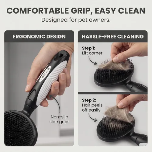Vista 5 de Cepillo de cerdas redondas para mascotas para perros y gatos, cepillo suave para perros para aseo de pelo corto o largo, herramienta suave para Negro