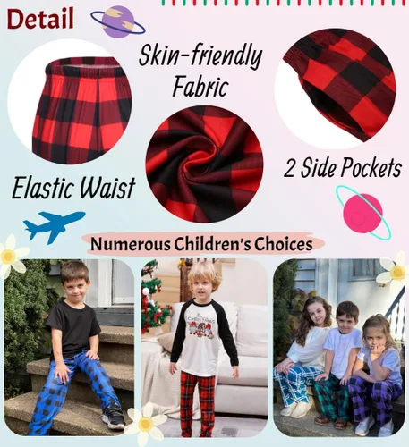 Vista 5 de Ekouaer -Pantalones de pijama para niños, pantalones largos para dormir, cintura elástica, pantalones de pijama a cuadros con 2 bolsillos, de 4 a 14