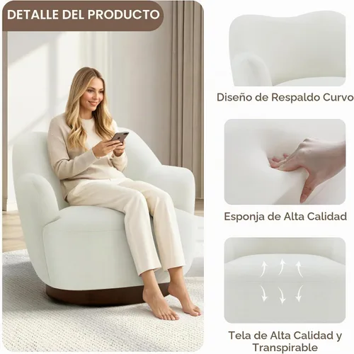 Vista 4 de Silla giratoria decorativa, silla tapizada de barril con diseño de respaldo de camello curvas, moderna silla con brazo con base de madera para sala
