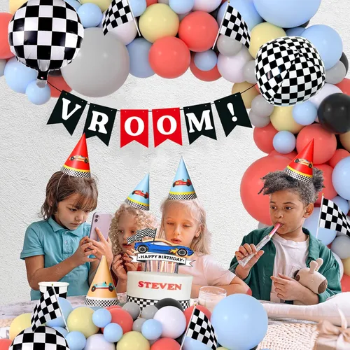 Vista 2 de Kit de arco de guirnalda de globos de carrera, color pastel, coral, gris, amarillo, azul bebé, negro, blanco, globos con globos de aluminio a