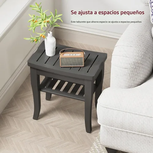 Vista 6 de Banco de ducha de bambú, taburete de ducha pequeño de spa para ducha interior, impermeable, asiento de baño con estante de almacenamiento para Negro