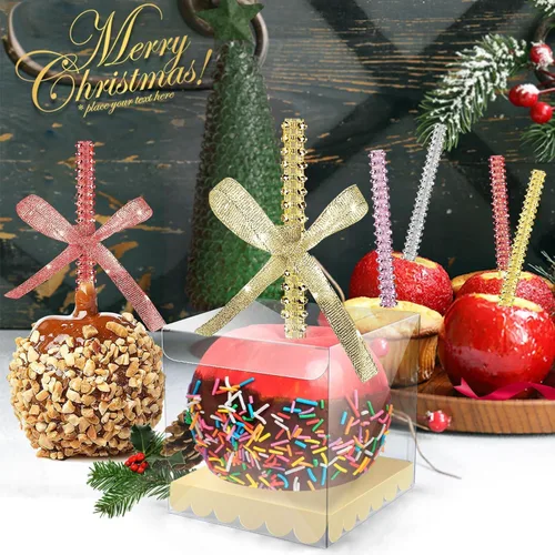 Vista 8 de 32 PIEZAS de Palitos de Manzana de Caramelo Brillantes de Bambú, Brochetas de Punta de Madera con Envoltura de Malla de Diamantes y Pedrería Negro