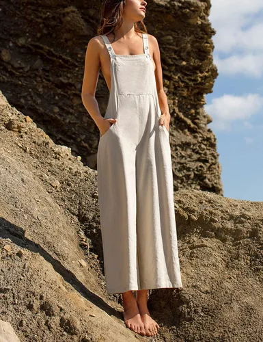 Vista 2 de Yeokou Overol con peto de algodón y lino para mujer, de pierna ancha, holgado, casual, con bolsillos