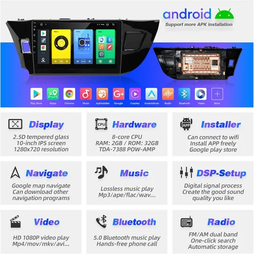 Vista 3 de Para Corolla Android Radio pantalla táctil compatible con Carplay Android Auto, reproductor multimedia de navegación Bluetooth estéreo para coche