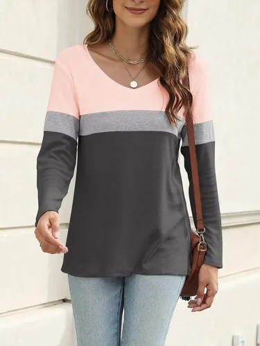 Vista 3 de Minetom Camisetas de manga larga con cuello en V para mujer, estilo casual, bloque de colorsólido, camisetas básicas