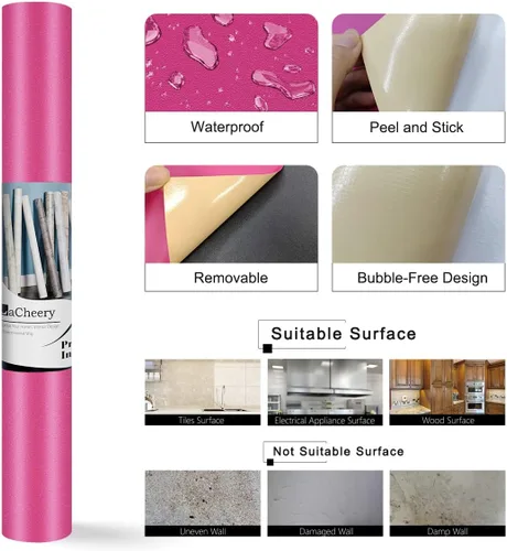 Vista 3 de LACHEERY Papel tapiz rosa intenso para dormitorio, papel tapiz texturizado mate, 12 x 160 pulgadas, papel adhesivo rosa magenta para armarios