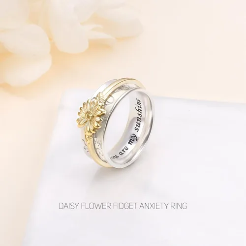Vista 10 de Anillo giratorio para aliviar la ansiedad con margaritas You Are My Sunshine Flower Fidget Ring de plata esterlina TDAH para aliviar el estrés