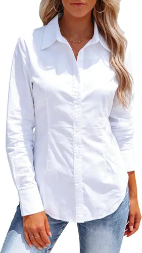 Vista 5 de Camisas con botones para mujer, camisas de vestir de manga larga, sin arrugas, cuello para el trabajo, oficina, blusas sólidas, blusas ajustadas