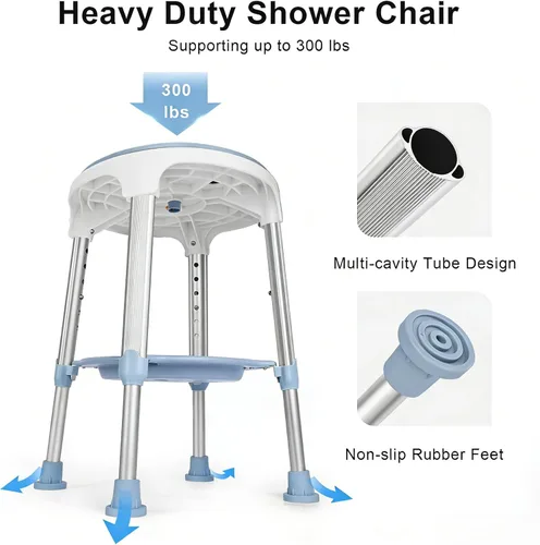 Vista 3 de Silla de ducha para ducha interior, taburete de ducha giratorio sin herramientas con bandeja de almacenamiento, silla de bañera ajustable y taburete