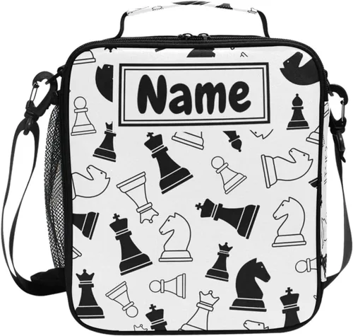 Vista 52 de Lonchera con patrón de cuadros blancos y negros, bolsa de almuerzo aislada, bolsa de preparación para niños, correa de hombro congelable a001