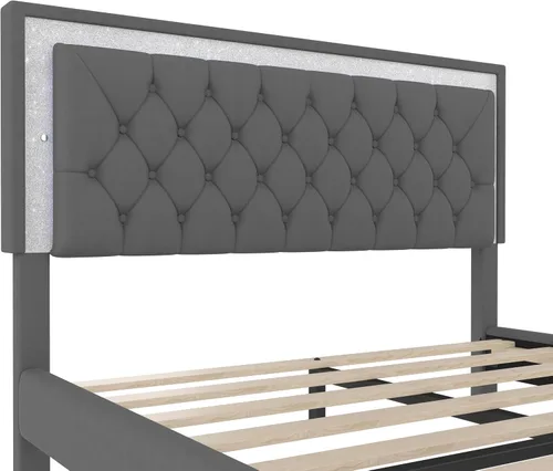 Vista 9 de Merax Cama de plataforma tapizada, tamaño Queen, tela de terciopelo LED, marco de cama de madera con luces LED y cabecera copetuda para dormitorio