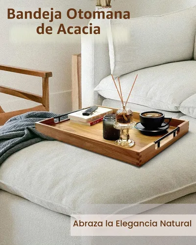Vista 3 de Bandeja de madera de acacia de 22 pulgadas con asas de metal, bandeja otomana rectangular grande de madera, diseño decorativo y duradero para sala
