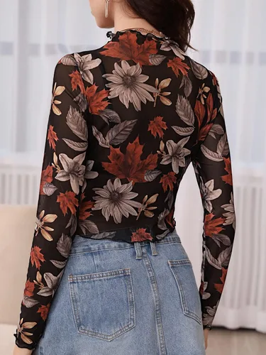 Vista 2 de Verdusa Blusa de malla con estampado floral y cuello alto falso para mujer