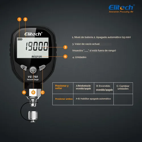 Vista 3 de Elitech Medidor de vacío digital HVAC Micron Gauge 0-19000 Micron Medidor de vacío refrigerante 1/4" SAE, VG-760
