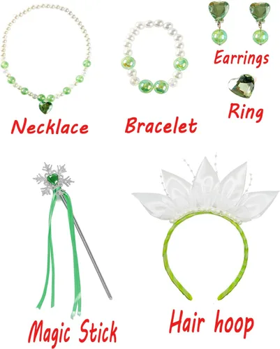 Vista 5 de BLOOMIRO Disfraz de princesa Tiana para niñas, disfraz de fiesta de cumpleaños con accesorios