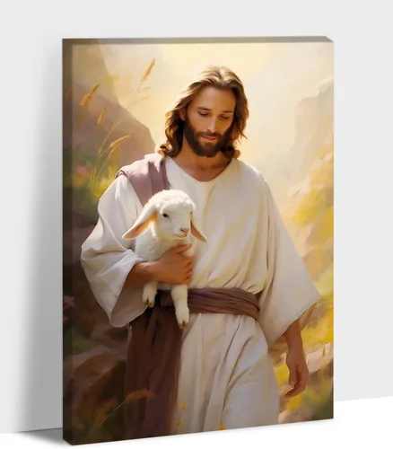 Vista 9 de Arte de pared en lienzo de Jesús y Cordero, Arte de pared en lienzo de Jesús abrazando a un cordero fangoso, Arte de pared cristiano para decoración