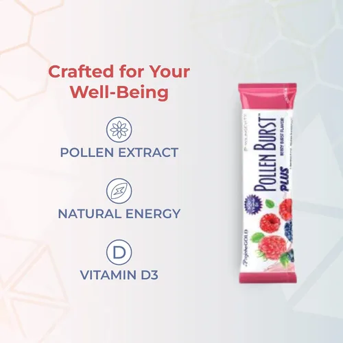 Vista 5 de Projoba Polen Burst Plus Berry - 30 paquetes Natural flower pollen energy, vitamins, antioxidants, berry flavor, 30 portable stick packs, mixes