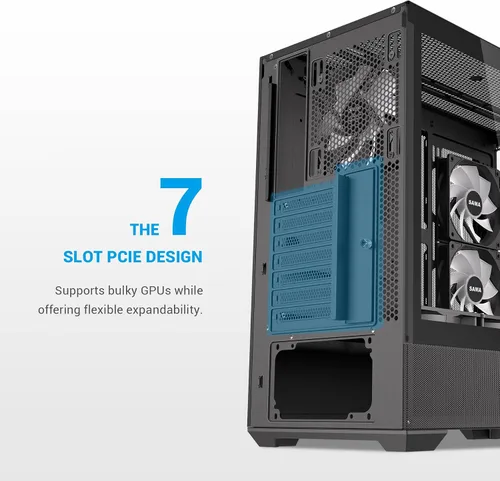 Vista 8 de SAMA V40 Mid Tower ATX Chasis – 6 × 120mm Ventiladores ARGB PWM Pre-Instalados, Paneles de Vidrio Templado Dual, Flujo de Aire Vertical, Diseño