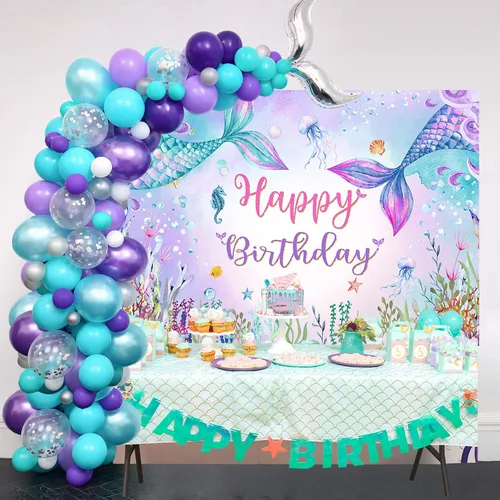 Vista 4 de Mocsicka Telón de fondo de cumpleaños de sirena de 7 x 5 pies, decoración de fantasía bajo el mar, decoración para niñas, fondo de fotografía