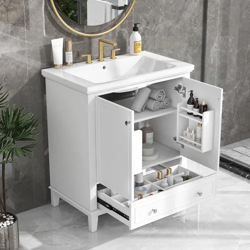 Vista 14 de Harper & Bright Designs Tocador de baño de 24 pulgadas con lavabo, tocador de lavabo individual independiente con una puerta y 3 cajones de cierre