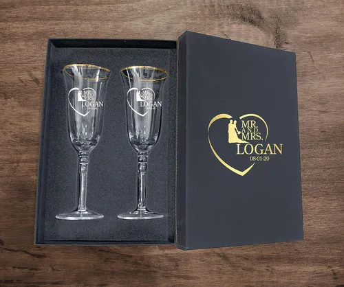 Vista 48 de Juego de 2 copas de champán personalizadas para boda grabadas con caja - Bride & Groom's Wedding Toast
