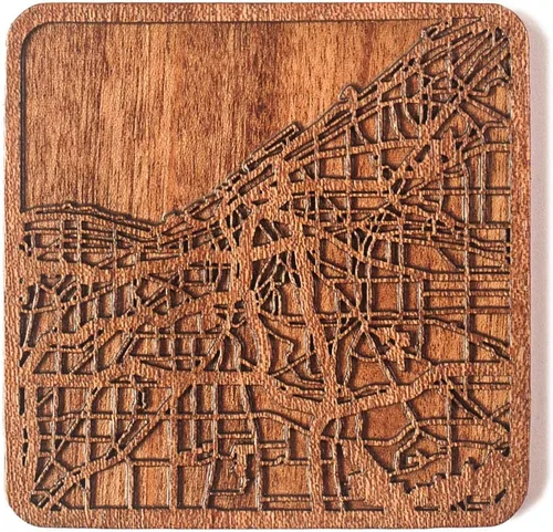 Vista 138 de Posavasos Amsterdam Map by O3 Design Studio, 1 pieza, posavasos de madera Sapele con mapa de la ciudad, hecho a mano, varias ciudades opcionales
