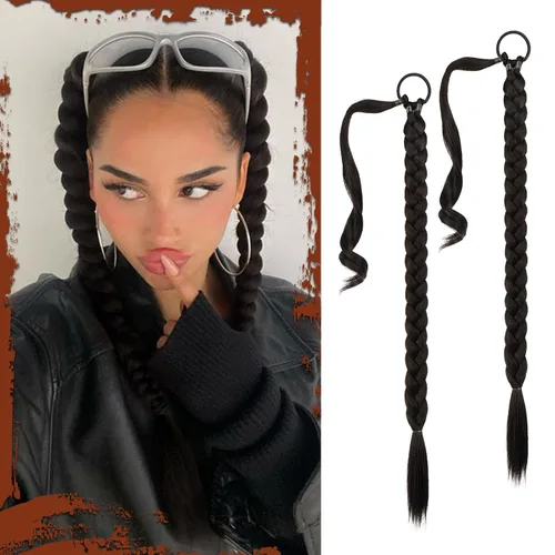 Vista 27 de SOFEIYAN Extensión de cola de caballo trenzada larga con banda elástica y mechón liso envolvente, extensiones de cabello naturales suaves