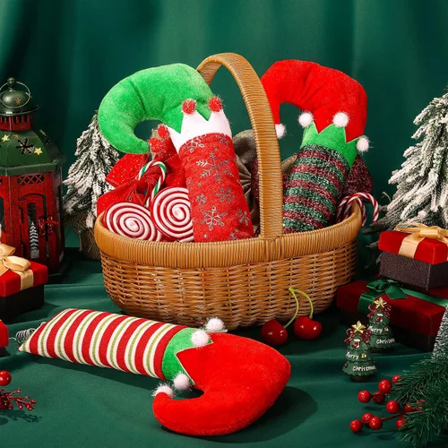 Vista 3 de 6 patas de elfo de Navidad, púa de botas, rayas con purpurina, patas rellenas de elfo con alambre fijo, decoraciones colgantes para árbol