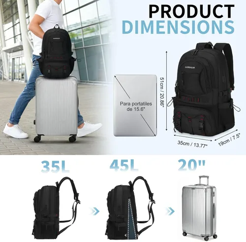 Vista 2 de Mochila de viaje expandible para senderismo para hombres y mujeres Negro