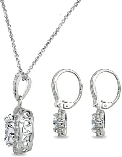 Vista 7 de Juego de aretes colgantes y collar de plata de ley auténtica, creados o simulados, con piedras preciosas ovaladas y caja de regalo para mujeres