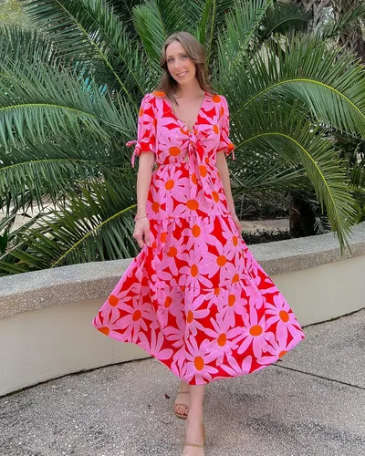 Vista 6 de BTFBM Vestido bohemio de verano 2025 para mujer, con lazo frontal, cuello en V profundo, recortado, manga corta, casual, fiesta, floral, playa, maxi