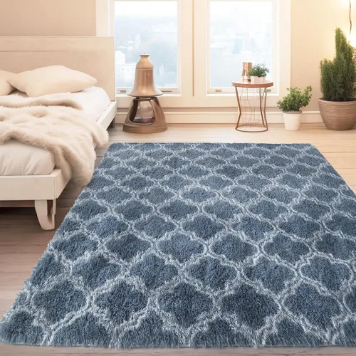 Vista 6 de CRUGZ Alfombra de lujo geométrica azul a cuadros de 5 x 7 pies, ultra suave, alfombra azul para sala de estar, alfombra azul marroquí peluda