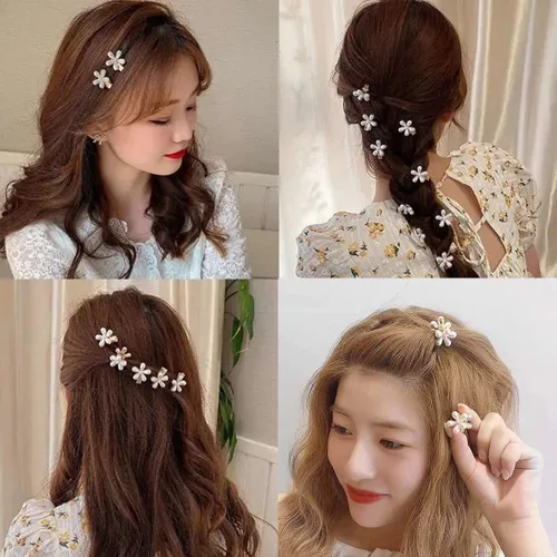Vista 7 de 10 pinzas pequeñas de perlas para el cabello para mujeres y niñas, diseño de garra de flor de perla, accesorios decorativos para el cabello