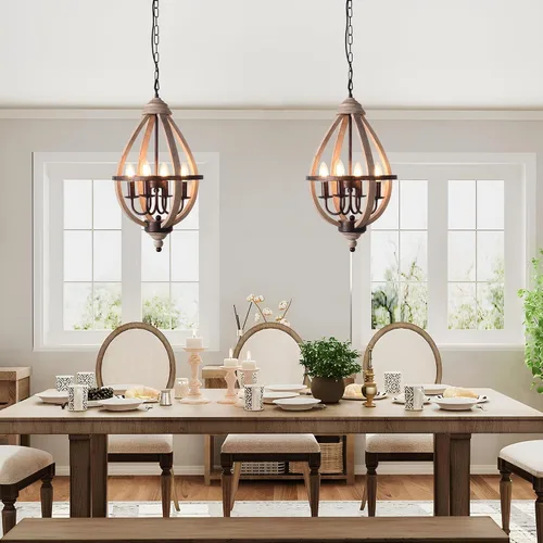 Vista 3 de Lámpara colgante de madera con forma de lágrima vintage, lámpara de granja con acabado de madera envejecida y bronce para isla de cocina, comedor