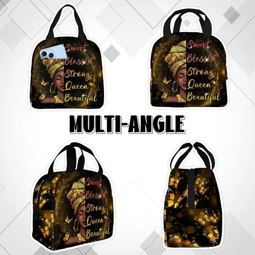 Vista 3 de Bolsa de almuerzo afroamericana para mujeres, reutilizable, negra, con aislamiento mágico, portátil, bolsa de mano para mujeres, viajes, senderismo