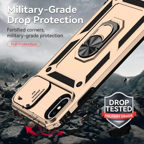 Vista 4 de Funda para iPhone X/XS con protección de lente, funda para iPhone X/XS con funda para cámara y soporte, grado militar, a prueba de golpes Oro