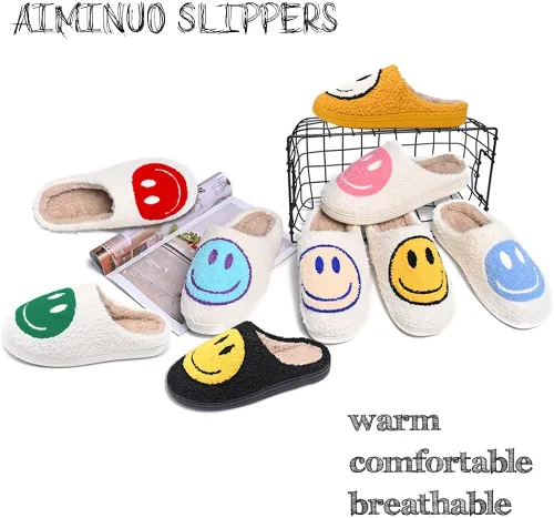 Vista 6 de AIMINUO Pantuflas retro para hombre y mujer, con cara feliz, cómodas, cálidas, de felpa, para invierno, interiores, suaves, antideslizantes