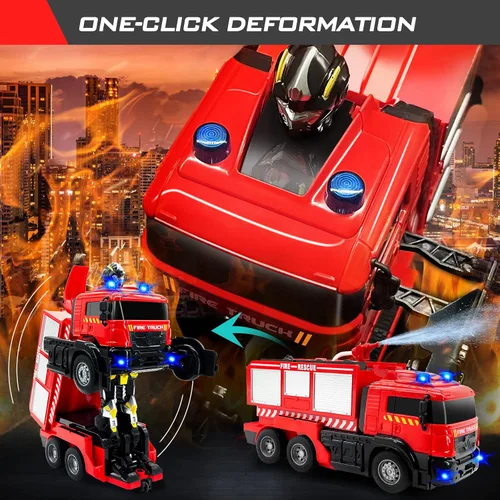 Vista 7 de Grarain Camión de bomberos a control remoto con sonidos LED, juguete de automóvil a control remoto con 3 camiones de bomberos pequeños y 10 modelos