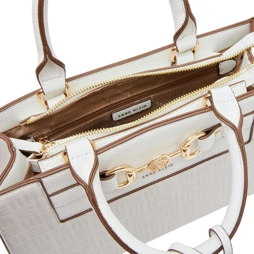 Vista 3 de Anne Klein Bolso con punta de caballo, estampado de logotipo de león gris fríoblanco Anne