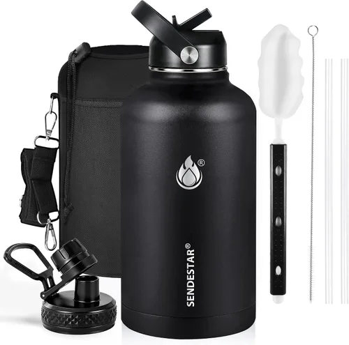 Vista 56 de SENDESTAR Botella de agua aislada de 24 onzas, boca ancha, botella de agua de 24 onzas con tapa con popote, tapa de boquilla, acero inoxidable