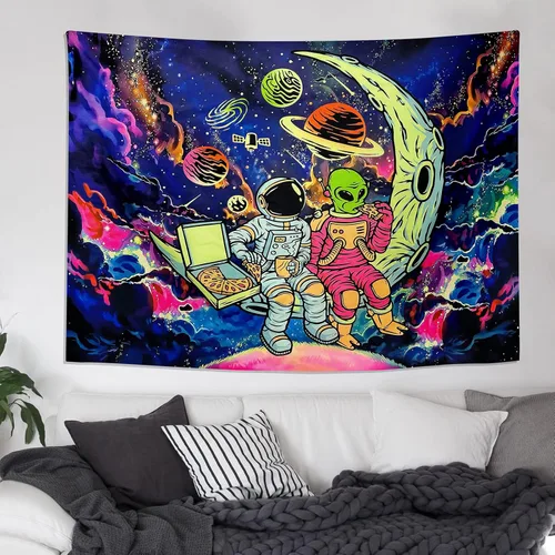 Vista 5 de Tapiz de luz negra de astronauta para hombres, póster de alienígena con luz negra para adolescentes y niños, divertido tapiz de pared de galaxia