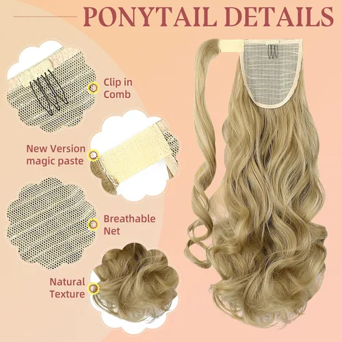 Vista 2 de FELENDY Extensión de cola de caballo, extensiones de cabello largo envolvente de 18 pulgadas, extensiones de cabello ondulado y rizado con clip