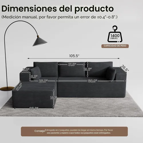 Vista 2 de Sofás seccionales sin hueso de 106 pulgadas para sala de estar, sofá modular en forma de L con asiento profundo de gran tamaño orientado a la Gris