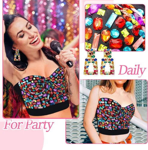 Vista 6 de Rhinestone Push up Bra Clubwear Colorful Beaded Bustier Crop Top Bra Crystal Rectangle Dangle Earrings, Run Small 1 or 2