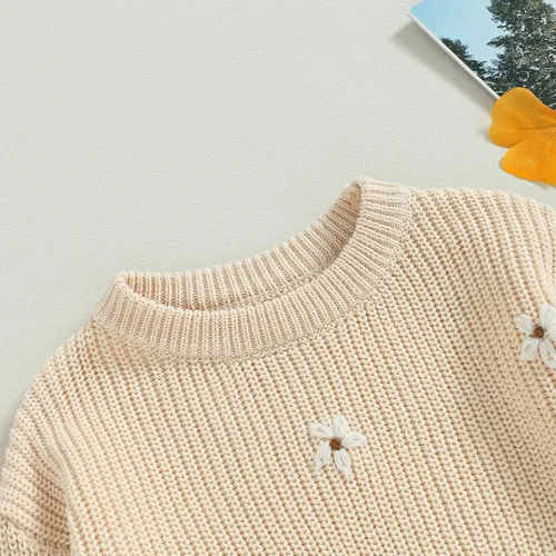 Vista 5 de Suéter de punto para bebé niña, con bordado floral, cuello redondo, manga larga, suéter de punto, ropa cálida para otoño e invierno