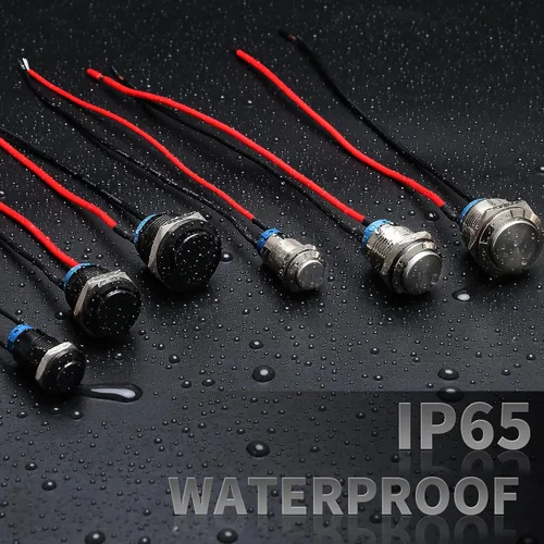 Vista 6 de STARELO 5 piezas 12 mm Interruptor de botón de cierre con carcasa negra y pre-cableado, interruptor de botón de presión impermeable IP65, aleación